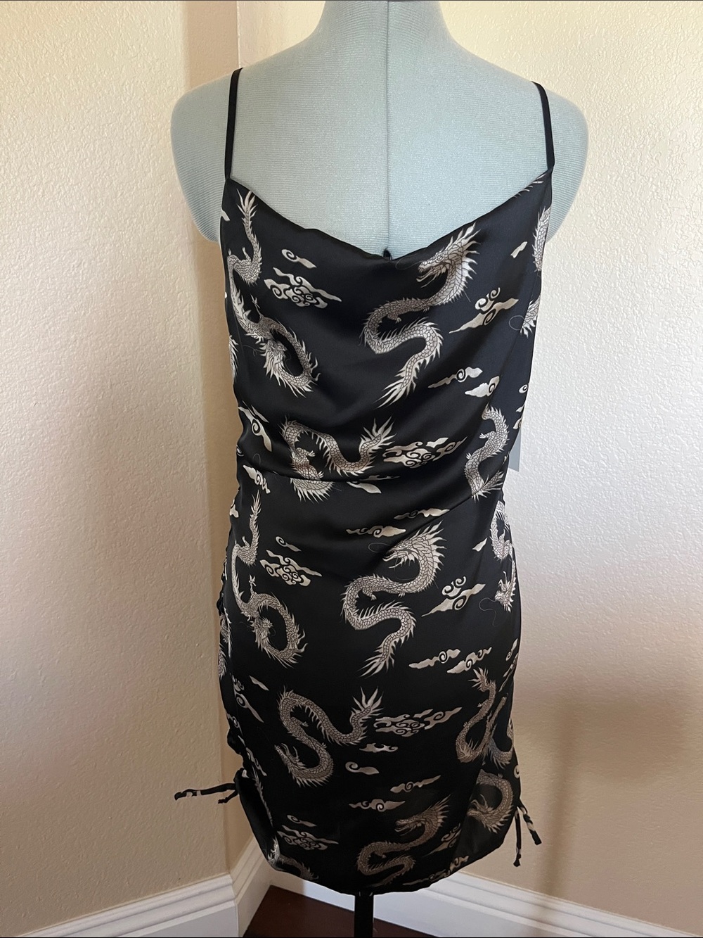 Timing Black Satin Mini Dress with Silver Dragon Motif